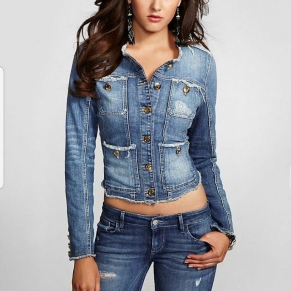Guess Vintage Distressed Stylish Blue Fitted Denim Jacket